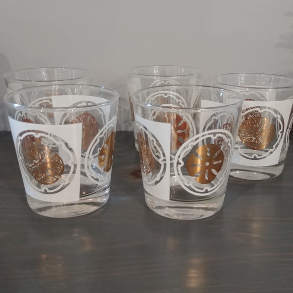 VTG 5 Whiskey Glasses White Gold 60's Culver Midas Double Shot MCM Retro Design - Picture 1 of 7